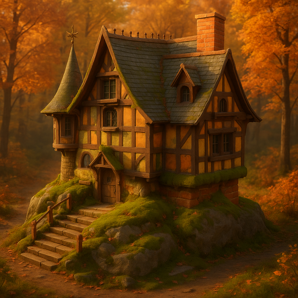 Moss-covered timber cottage